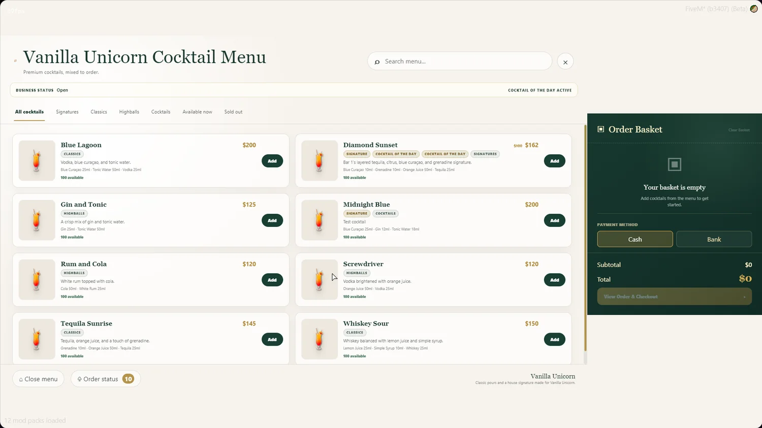 Customer cocktail ordering menu